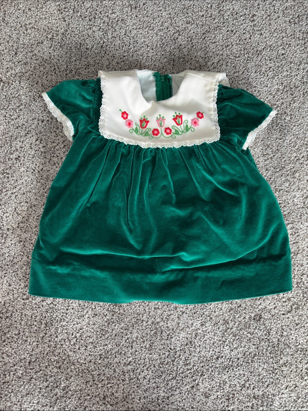 Lord & Taylor Green Velvet Baby Dress with White Embroidered Yoke